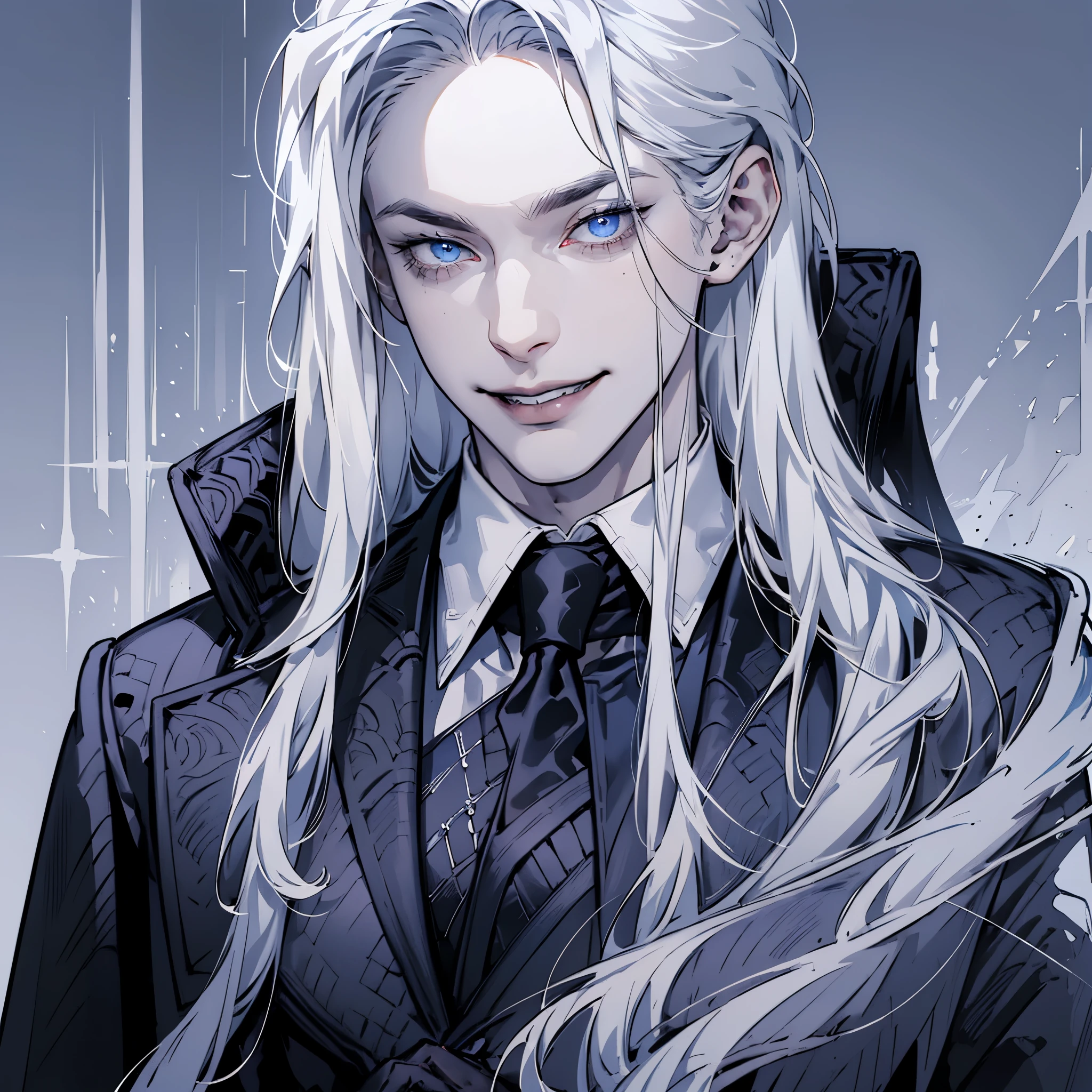 Man with long white hair, pale skin, grey-blue eyes, long dark gray coat, white shirt, black gloves, black pant, black vest, black necktie, Sadistic smile, white porcelain mask in hands, Plain background