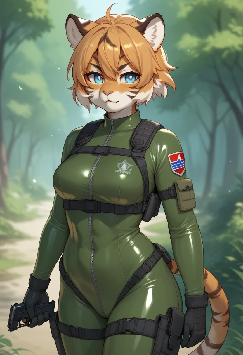 score_9, score_8_up) score_7_up, score_6_up, solo, tiger, kemono, anthro, cute, short hair, blue eyes, white pupils, orange fur, tactical harness, assassin girl, body suit, tactical gloves, latex, outside, pistol, 