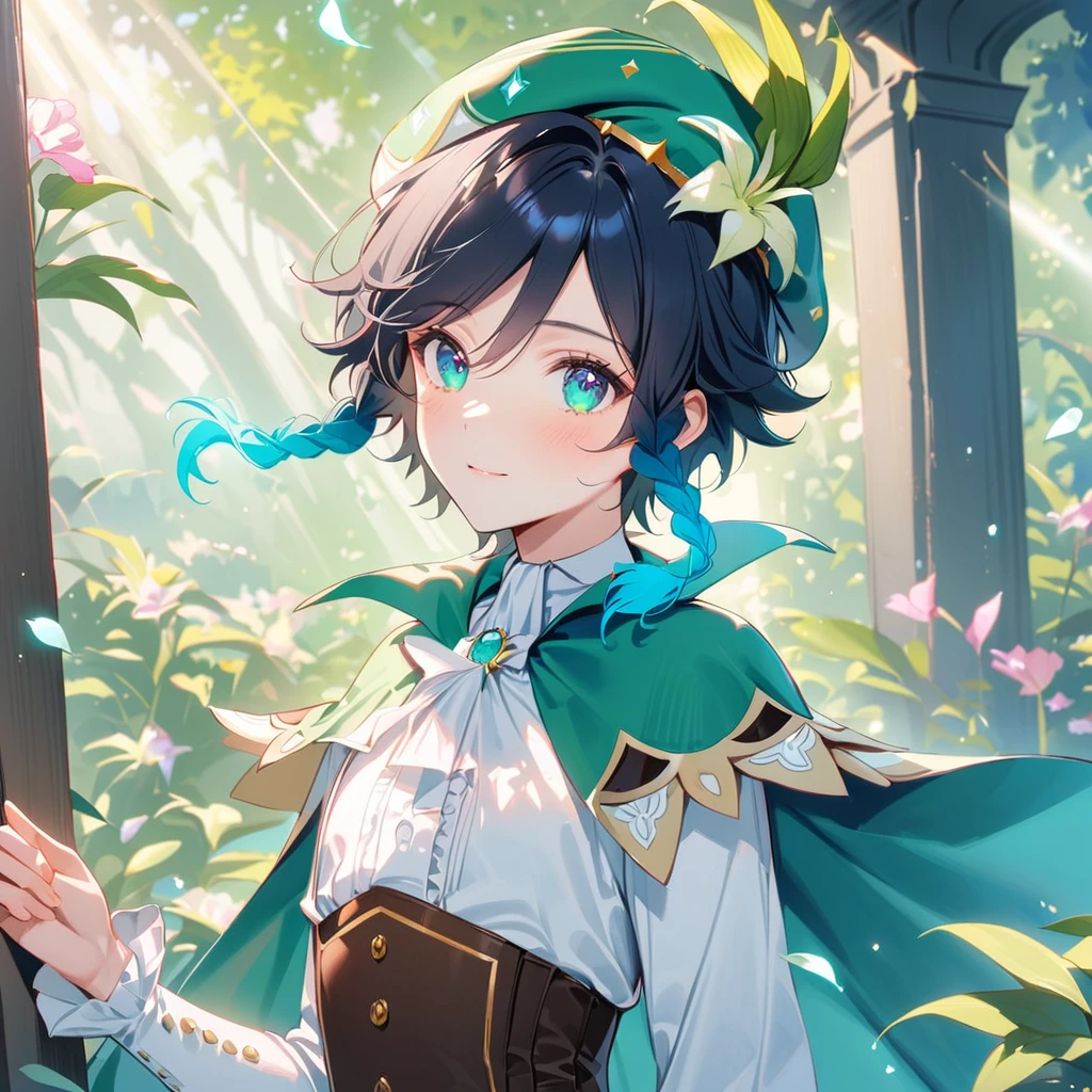 (best quality,4k,8k,highres,masterpiece:1.2),1boy,venti genshin impact,male focus,flat chest,ultra-detailed,realistic,(dsmile:0.5),morning of spring,delicate light rays,rich color palette,elegant curves,effects of light and shadow,flower petals falling,springtime essence,ethereal atmosphere,peaceful garden background,morning dew,soft sunlight filtering through trees,lush plants,komorebi,vividly colored blossoms,transcendent beauty,awe-inspiring artwork,white long-sleeved shirt, brown corset,green shorts, white tights,green cape,hat,brooch,green eyes,wise and kind god,cinematic lighting, ray tracing, UHD, high details, high quality, award winning, super detail,wind magic