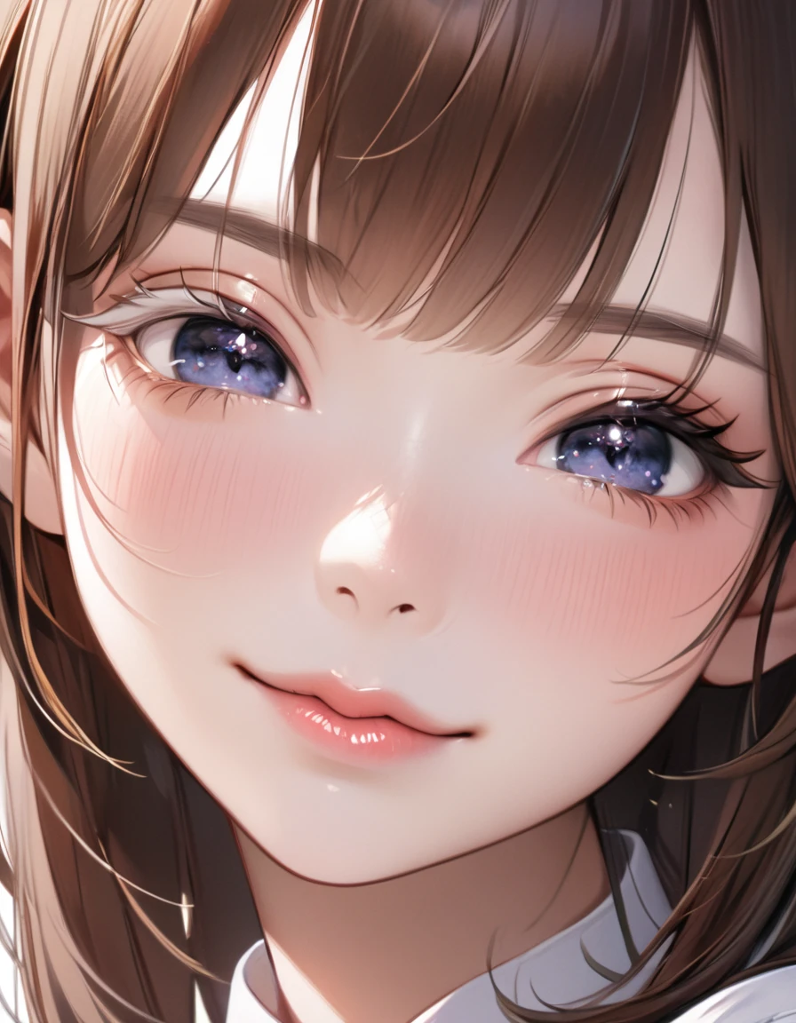 A masterpiece, ultra-high quality anime illustration. ((trying to kiss the viewer)), a very cute Japanese girl. Alone. ((she closes her eyes)) smiling, brown hair, youthful skin, frontal close-up of face, realistic eyebrows and eyelashes, ((she closes her eyes)), lustrous (((pushing lips forward))). A loving expression,