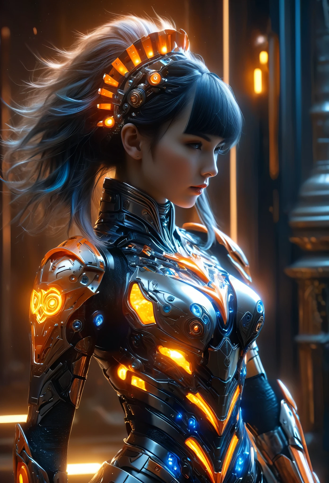 (Best Quality, 4K, 8K, High Resolution, Masterpiece: 1.2), (Super Detailed, Realistic, Photorealistic:1.37), A woman in futuristic clothing, (erotic and sexy:1.4), Trending on cgstation, Trending on cgstation, (Portrait of a girl in the Knights of the Zodiac:1.4), (blunt bangs:1.7), Cute Cyborg Girl, Perfect android girl, Portrait Astronaut Girl, Beautiful girl cyborg, Girl wearing iridescent black and orange and blue and white mechanical cyber armor, Game CG, cgsociety and fenghua zhong, Beautiful Cyborg Shrine Maiden, Bioluminescence, (Gal Gadot:0.6), Anatomically correct grip, Anatomically correct four fingers and one thumb, (long claws:1.4), erotic and sexy, A gorgeous cape with beautifully detailed embroidery, energy ball