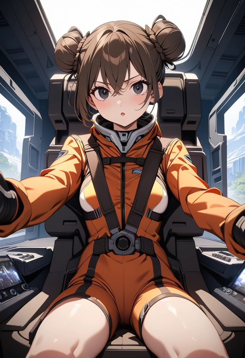 High quality, super detailed, 4K, 1girl, 独奏, beautiful girl.((short hair、double bun、tsurime、Brown Hair、black eyes:1.2)).Red and white pilot suit、surprised, Gundam Wing Cockpit,Joystick,Seat belt,Sitting, masterpiece, Highest quality, Super detailed, High resolution,4K,(Very detailed:1.4) (figure:0.5), (Ray Tracing,:0.8),(Anime Color:0.7),(AI-generated:0.5)