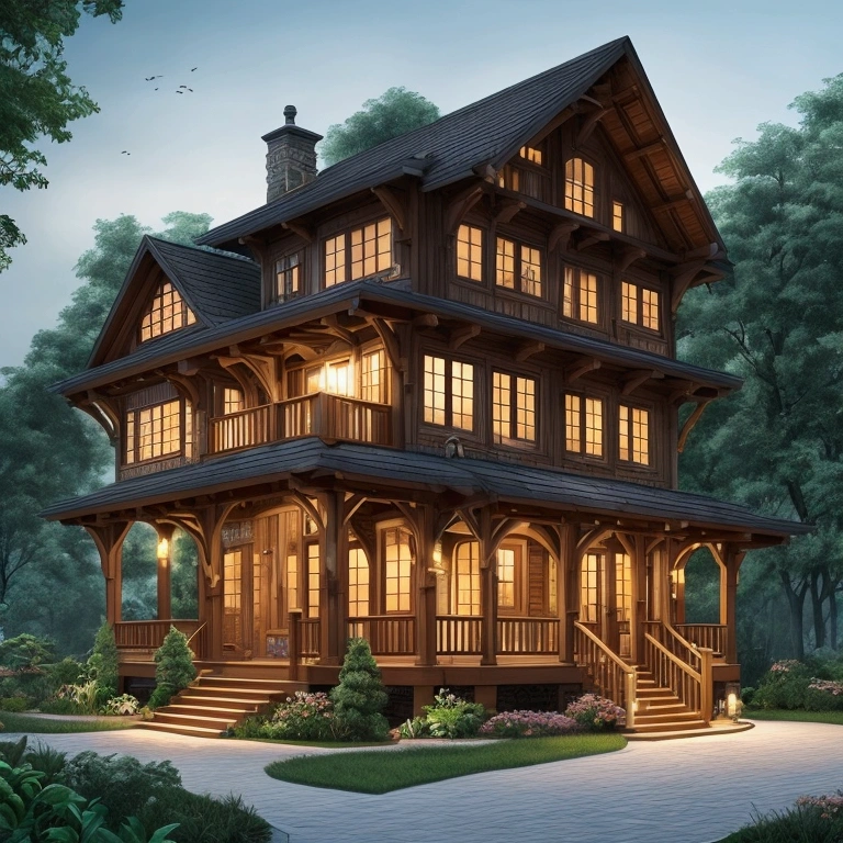 Alavde house with a porch and stairs, and a porch, house illustration, Very detailed illustrations, detailed 2d illustration, High detailed illustrations, Ultra-detailed illustrations, Ultra-detailed illustrations, Wooden house, Very detailed illustrations.”, Detailed digital illustrations, Architectural illustration, More detailed illustrations, Isometric house, Very detailed illustrations, High detail cartoon, house and home