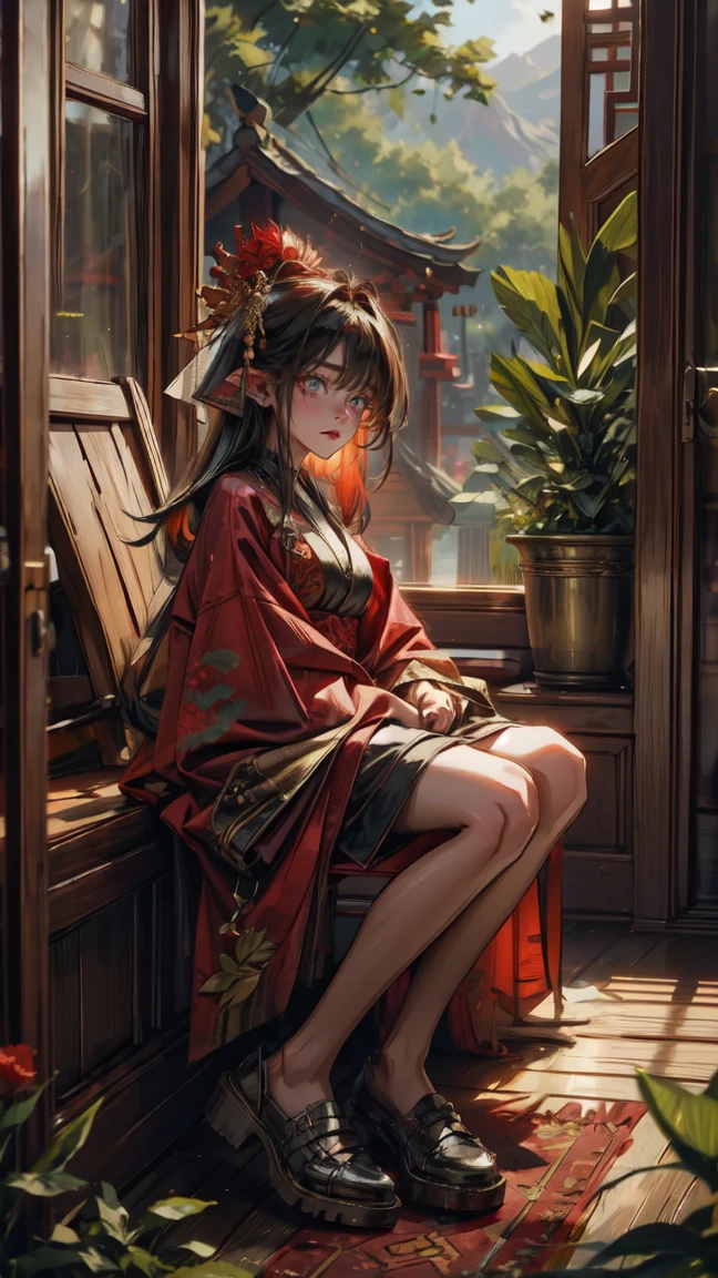 elf girl,full body ,detailed eyes, beautiful eyes, short hair,red crimson hair, chinese ornaments,lewd big , oily skin, sexy ,long hair, short dress, geta shoes, very big , lewd sexy pose, vivid colors, vibrant colors ,inside tavern,kimono,glare, evil stare, annoyed