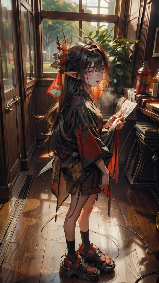 elf girl,full body ,detailed eyes, beautiful eyes, short hair,red crimson hair, chinese ornaments,lewd big , oily skin, sexy ,long hair, short dress, geta shoes, very big , lewd sexy pose, vivid colors, vibrant colors ,inside tavern,kimono,glare, evil stare, annoyed