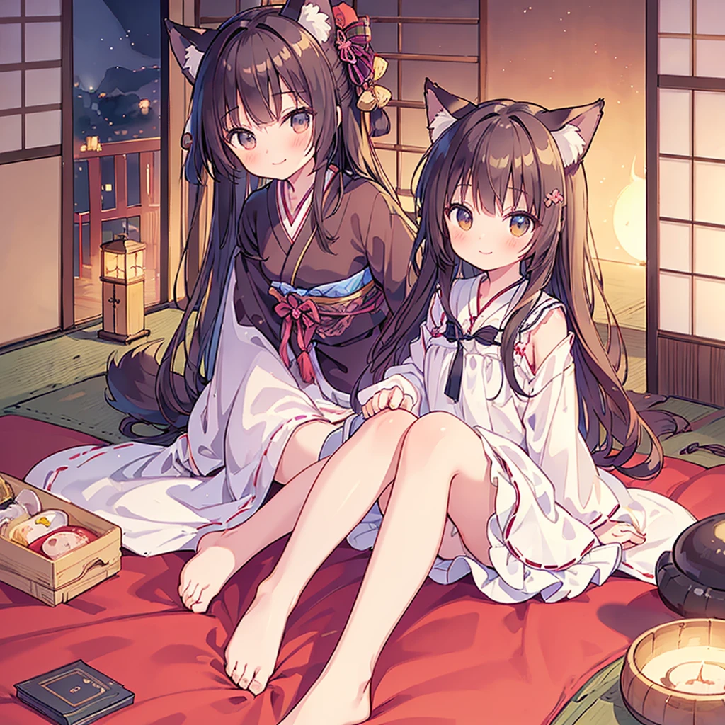 Highest quality, masterpiece, detailed, One person,small,cute,blush,smile,Chemise dress,Long Hair,Cat ear,(Fox tail),sitting on a futon, Cowgirl, From below, Cowboy Shot, ((Japanese-style room)), (darkness), Perfect Legs,barefoot