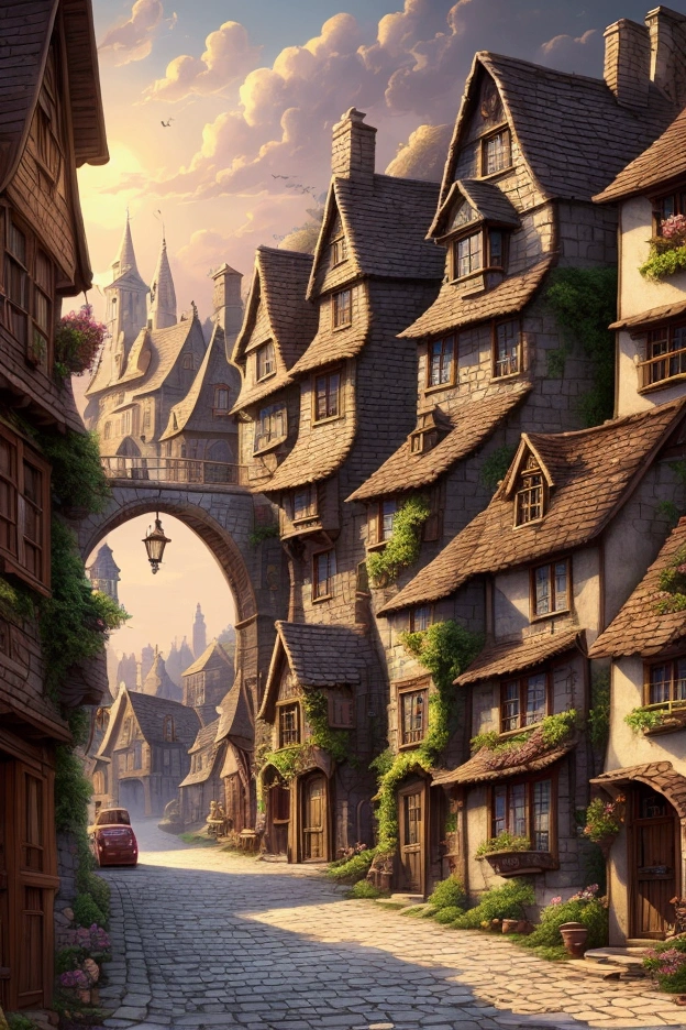 An Illustration of a Cartoon Town with Many Houses and Cars，Town background，Victorian City，Stylized City Fantasy Artwork，Highly Detailed Illustration，8k High Quality Detailed Art，Night Village Background，Detailed 2D Illustration，Detailed game art illustrations，Beautiful Cityscape，Cottage Town, Detailed Streets, Fantasy Town, Rural City Scene, House background, 4k Highly Detailed Art