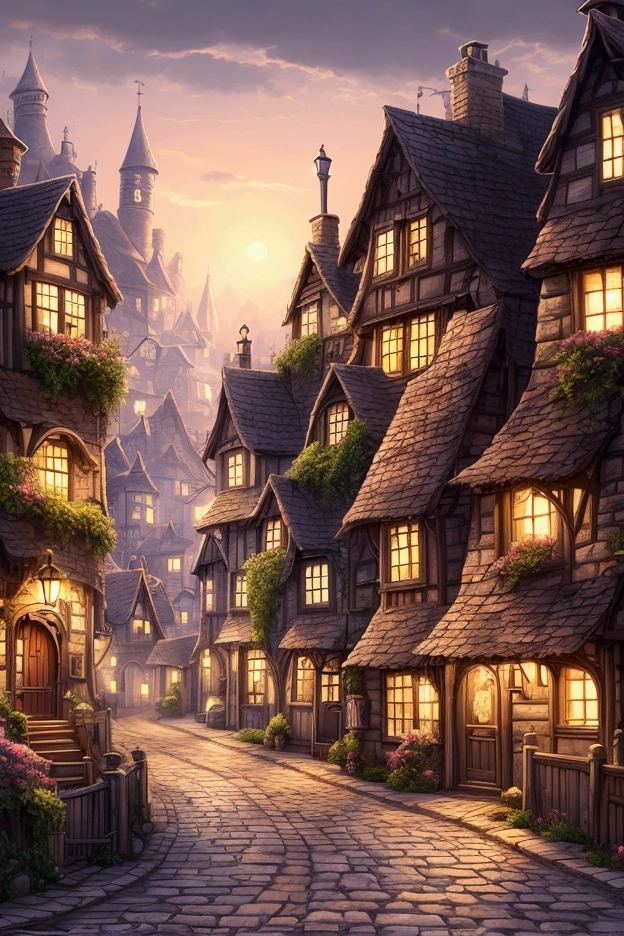 An Illustration of a Cartoon Town with Many Houses and Cars，Town background，Victorian City，Stylized City Fantasy Artwork，Highly Detailed Illustration，8k High Quality Detailed Art，Night Village Background，Detailed 2D Illustration，Detailed game art illustrations，Beautiful Cityscape，Cottage Town, Detailed Streets, Fantasy Town, Rural City Scene, House background, 4k Highly Detailed Art