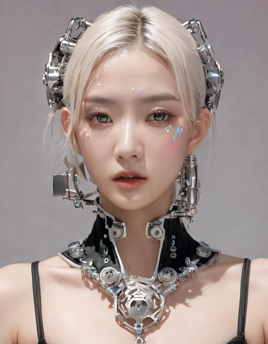 An extraordinarily detailed close-up portrait of an android-human hybrid K-pop idol, showcasing her striking Skell cyberpunk appearance. Her face is adorned with intricate mechanical implants, while her white hair, high contrast, upscale sharpness:1.4, reflective environtment, unreal engine, space cyborg style. Wear antena, futuristic mask ,The background features a soft, dreamy style, contrasting with her metallic and glossy chrome features. This captivating image was expertly captured with a Fujifilm XT-10 camera, delivering an ultra-high 8K resolution for breathtaking detail. The hyper-realistic photo exhibits the skill of award-winning photography. Wet and glossy make up realistic:1.4, Photorealsitic)、(intricate detailes:1.2)、(​masterpiece、:1.3)、beauty face, (top-quality:1.4)、(超A high resolution:1.2)、超A high resolution、(A detailed eye)、(detailed facial features), ((Realistic lighting、top-quality、8K、natural light, ​masterpiece:1.3))、bright photo, Clear focus:1.2、1girl in、flawless beauty:1.4、Superfine Face、big Narrow-eyed、double eyelid、photos realistic, perfect eyes, perfect skin, detailed skin, detailed face, looking viewer, front view, potrait, raw photo, simple soft pink background, (intricate detailed skin textured:1.4) (Highest quality:1.3), (sharp focus:1.5), (skin_textures:1.2), (photorealistic:1.3), (highly detailed skin), (detailed face), (high detailed skin:1.2), (glistening skin:1.15),