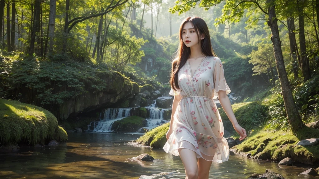 (best quality,4K,8ก,height,Masterpiece:1.2),Very detailed,(realistic,photorealistic,photo-realistic:1.37),High resolution portraits, beautiful asian girl, Standing in front of Tianzishan Peak, Zhangjiajie,((Fiona Pink Misty Floral Embroidered Cotton Dress Length above knee)),Green Mountain,Sunlight filtering through the trees,calm expression,flowing dark hair,The atmosphere is quiet.,Ethereal beauty,blend with nature,harmonious elements,Sensitive features,lush greenery,Golden Sunlight,elegant posture,Relaxed atmosphere,Quiet and elegant,The girl&#39;s eyes reflected the beauty of the mountains.,Magical and dreamlike,tranquility and harmony,Quiet and impersonal,Gentle and elegant,beauty of nature,mesmerizing scenery,Looks like a painting,Enticing beauty,Incredible natural wonders,peace and tranquility,Formidable and awe-inspiring, stylish corner, Pose in style, small round chest, Youthful body, perfect shape, Thin