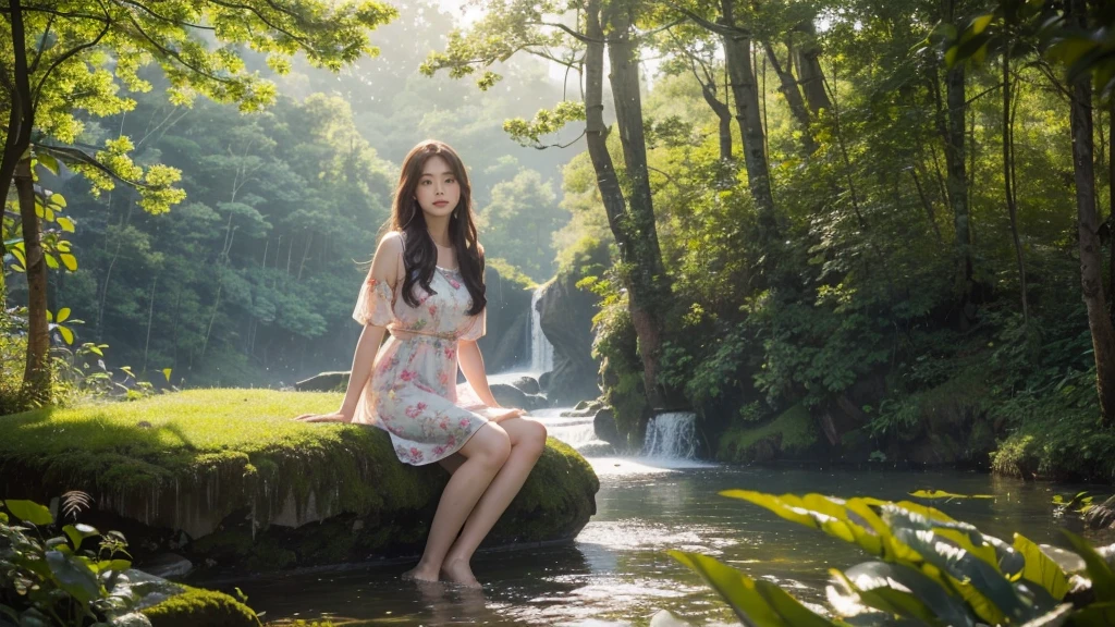 (best quality,4K,8ก,height,Masterpiece:1.2),Very detailed,(realistic,photorealistic,photo-realistic:1.37),High resolution portraits, beautiful asian girl, Standing in front of Tianzishan Peak, Zhangjiajie,((Fiona Pink Misty Floral Embroidered Cotton Dress Length above knee)),Green Mountain,Sunlight filtering through the trees,calm expression,flowing dark hair,The atmosphere is quiet.,Ethereal beauty,blend with nature,harmonious elements,Sensitive features,lush greenery,Golden Sunlight,elegant posture,Relaxed atmosphere,Quiet and elegant,The girl&#39;s eyes reflected the beauty of the mountains.,Magical and dreamlike,tranquility and harmony,Quiet and impersonal,Gentle and elegant,beauty of nature,mesmerizing scenery,Looks like a painting,Enticing beauty,Incredible natural wonders,peace and tranquility,Formidable and awe-inspiring, stylish corner, Pose in style, small round chest, Youthful body, perfect shape, Thin