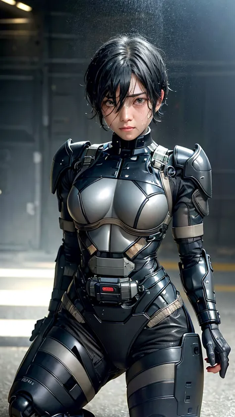 highest quality　8k cyborg suit girl　heavy armor　　elementary school girl　sweaty face　cute　boyish short hair　very short hair　steam...