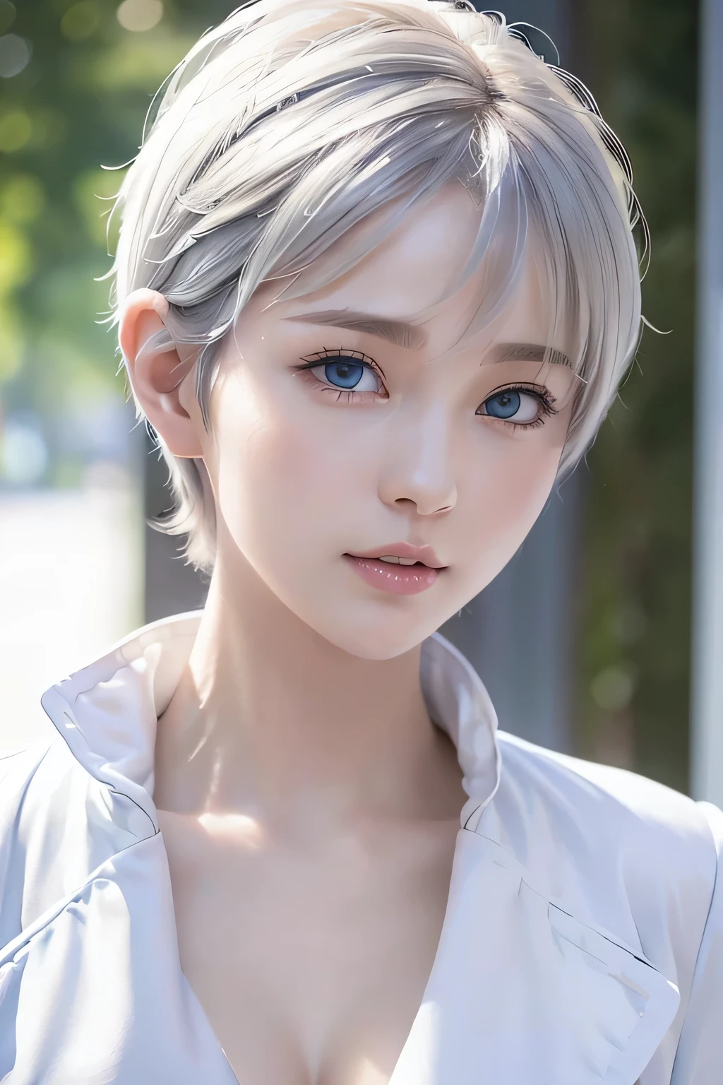 ８ｋ、Highest quality, 1 person, , blue eyes, ((Pixie Cut)), , , slim、Flat Body、 face、cute、inverted triangle face、 (Close-up head shot:1.23) 、assassin、、Wearing a white fur trench coat with the front closed.、