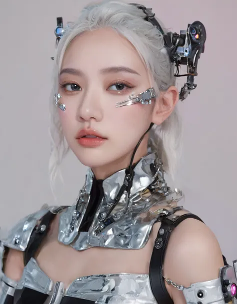 an extraordinarily detailed close-up portrait of an android-human hybrid k-pop idol, showcasing her striking skell cyberpunk app...