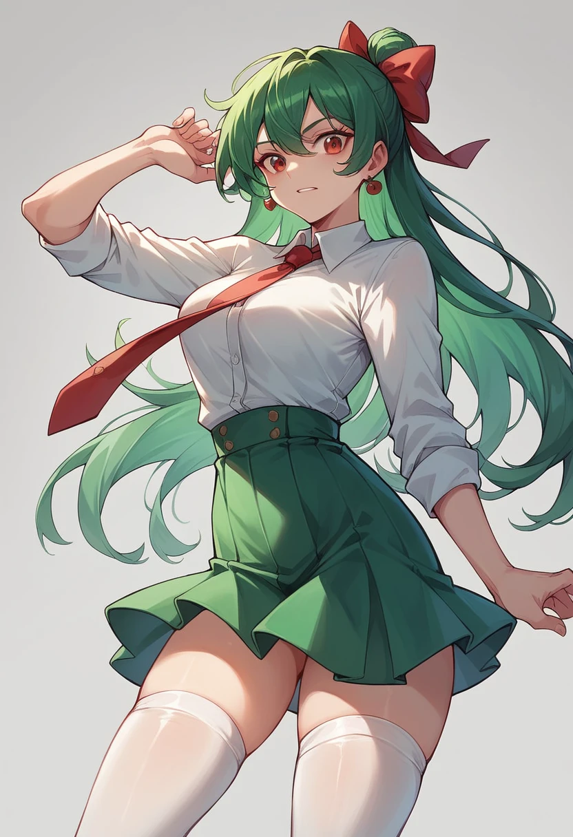 masterpiece, white shirt, green skirt ,red tie, red hair ribbon, white stockings, 8k, lin, green hair