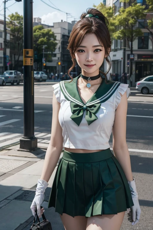 Sailor_Jupiter, Brown ponytail, Green Eyes, jewelry, Circlet, choker,  Green mini skirt, White gloves, View your viewers, smile, Happy, Teeth alignment, At the bus stop, outside, city, street, blue sky, Extremely detailed, High resolution, Beautiful quality, Japanese face,8k, RAW Photos, Highest quality, masterpiece, Realistic, photo-Realistic, clear, Professional Lighting, Beautiful Face, Highest quality, 超High resolution, 