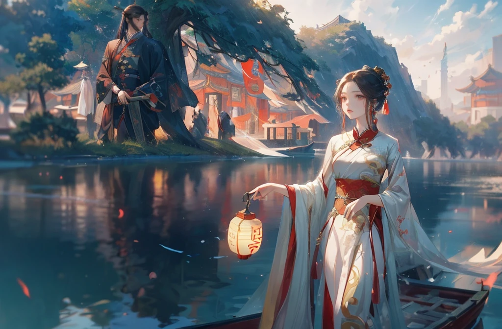 A woman in a long dress stands on a boat., palace ， Girl wearing Hanfu, ancient Chinese Princess, Wearing ancient Chinese clothes, Queen of the Sea Mu Yanling, Beautiful fantasy queen, Ancient Chinese beauties, Beautiful rendering of the Tang Dynasty, Dressed in ancient Chinese costumes, Chinese traditional clothing, Chinese Princess, Chinese Fantasy, Ancient Chinese Goddess