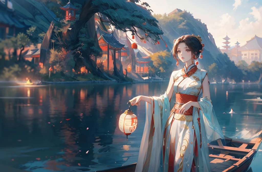 A woman in a long dress stands on a boat., palace ， Girl wearing Hanfu, ancient Chinese Princess, Wearing ancient Chinese clothes, Queen of the Sea Mu Yanling, Beautiful fantasy queen, Ancient Chinese beauties, Beautiful rendering of the Tang Dynasty, Dressed in ancient Chinese costumes, Chinese traditional clothing, Chinese Princess, Chinese Fantasy, Ancient Chinese Goddess