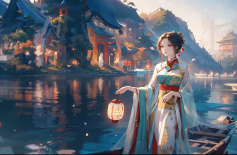 a woman in a long dress stands on a boat., palace ， girl wearing hanfu, ancient chinese princess, wearing ancient chinese clothe...