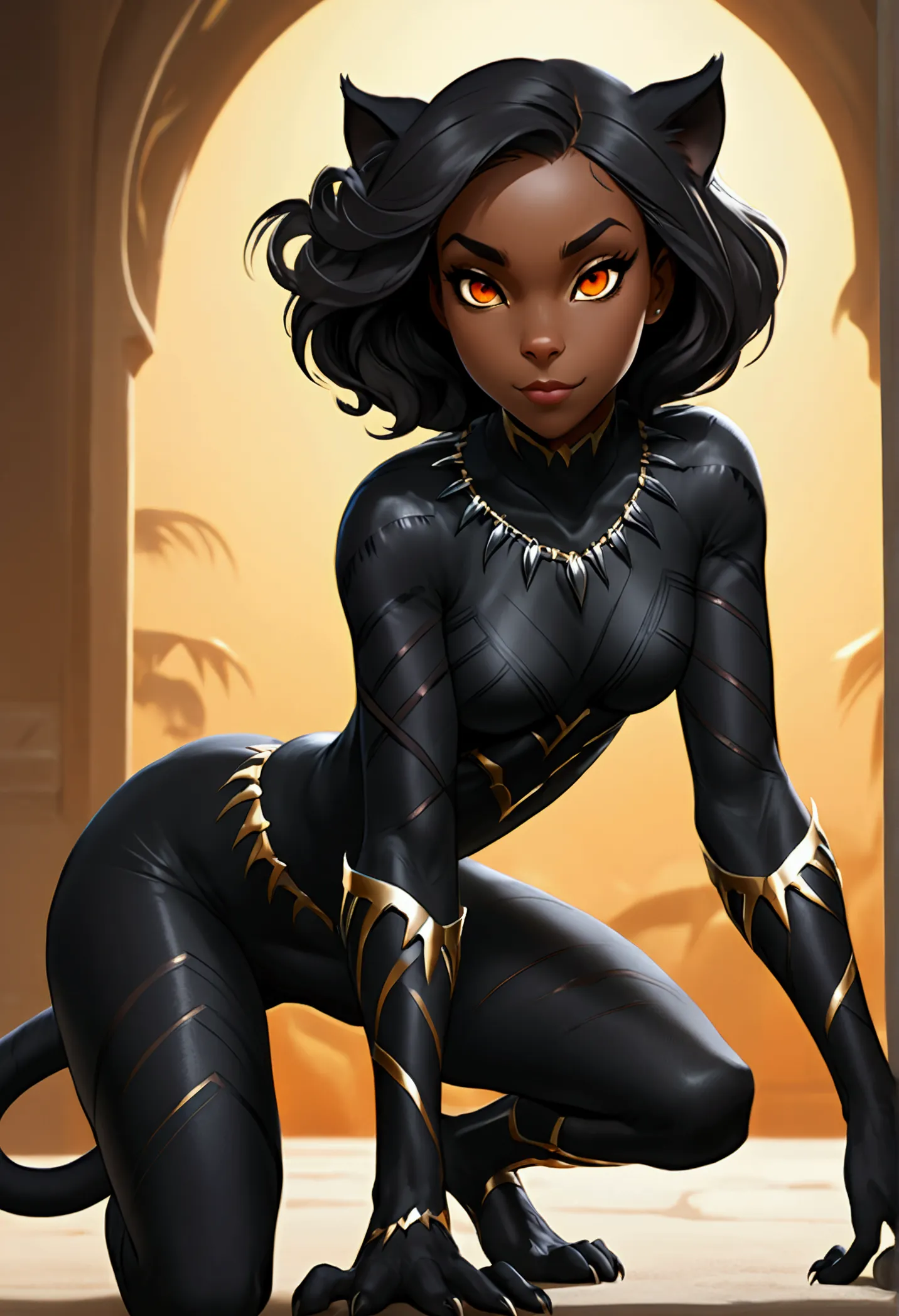 (black female, hybrid, black panther) a panther woman, crawling on all fours, short shoulder-length hair, long tail, glowing sca...