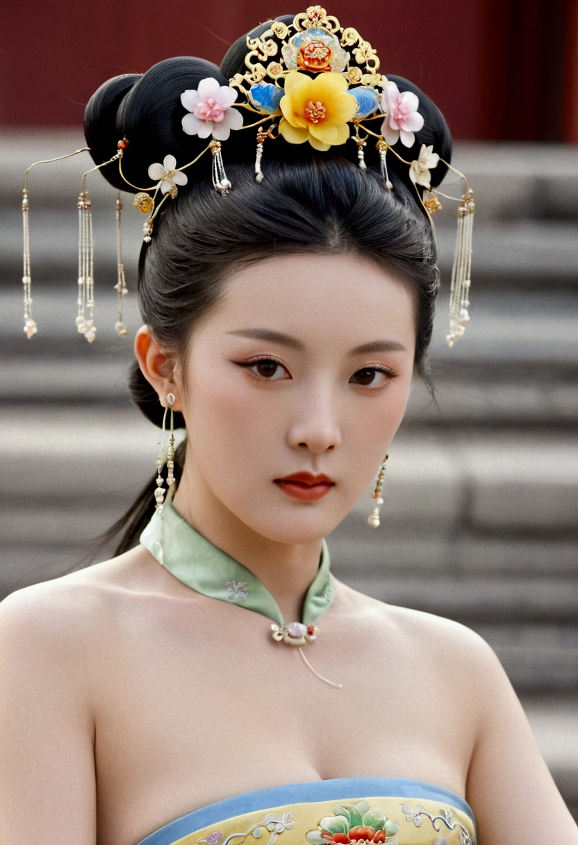 Front view of a Qing Dynasty empress in a Chinese palace during the Qing Dynasty. She is naked and has large breasts. She is wearing a crown and a flower hairpin.、Tie your bangs up.、The hair at the back of her head was tied up and pulled back.. The background is the stone paving of a Chinese palace during the Qing Dynasty..