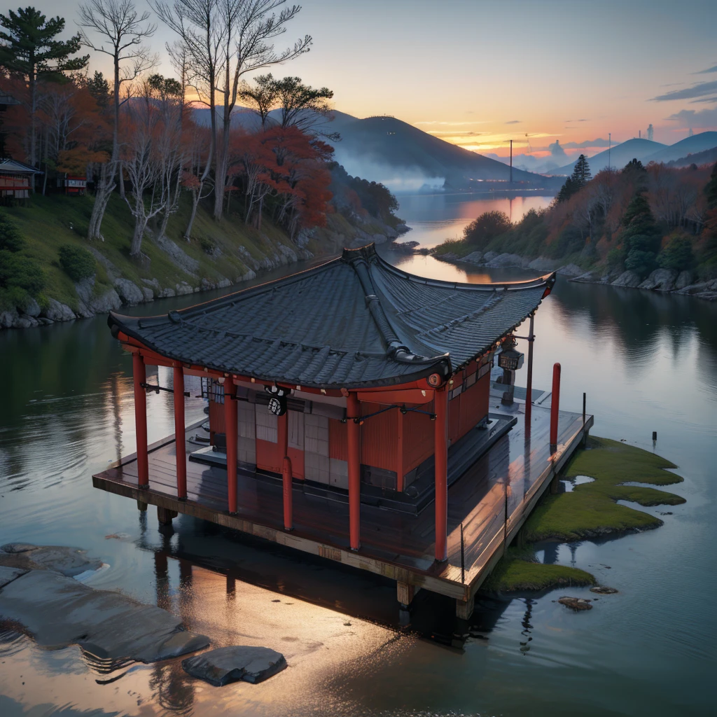 Squatting, (sgNovelcg:1.2), sgzeroNovelcg, No_Humanity, Japanese Shrines, landscape, water, FOG