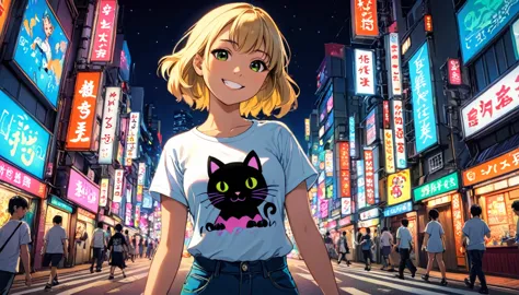 (((wide angle shot, mid body))), girl, walking, t-shirt, white, art, retro, cartoon collage, little black cat on sholder, smile,...