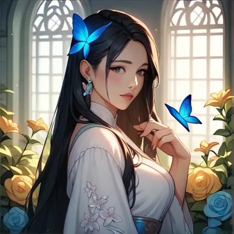 2d style、one black-haired asian girl、fantasy、lots of blue butterflies々、glowing butterfly、library、large windows、a garden with bea...