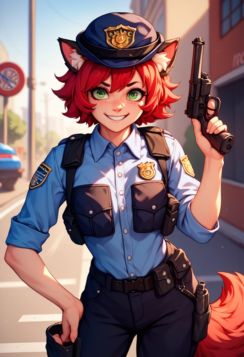 SFW, a cute young woman in a police uniform, short fluffy red hair and green eyes, american police, bulletproof vest, nervous smile, blue shirt and black pants, holstered handgun on hip, standing on a street corner, afternoon lighting