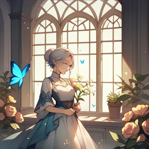 Fantasy、Lots of blue butterflies々、Glowing Butterfly、White wall、library、Large windows、A garden with beautiful flowers blooming、