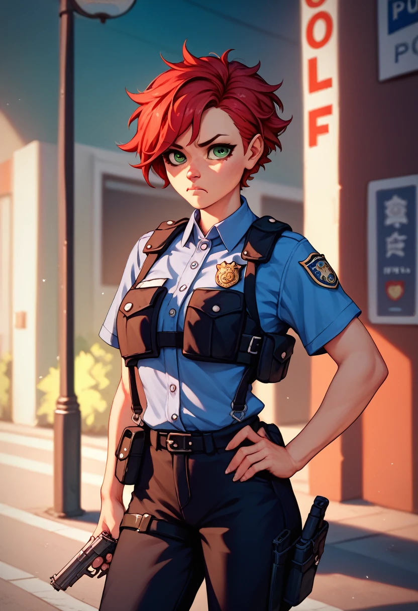 SFW, a cute young woman in a police uniform, short fluffy red hair and green eyes, american police, bulletproof vest, neutral expression, slightly frustrated, blue shirt and black pants, holstered handgun on hip, standing on a street corner, afternoon lighting