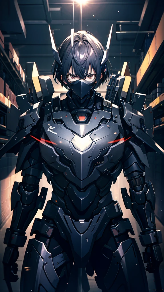 silence，Looking at the items in the warehouse，Warehouse full of supplies，It's dark all around，End of the World，an adult male，youth，Black short hair，look around，Wearing a sophisticated dark gray mecha armor suit，The armor suit has huge and thick limbs，Only the male youth’s hair and face are exposed，Upper body close-up