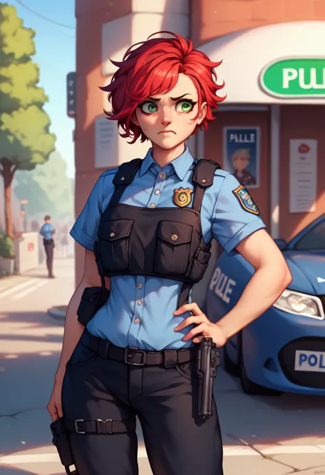 sfw, a cute young woman in a police uniform, short fluffy red hair and green eyes, american police, bulletproof vest, worried ex...