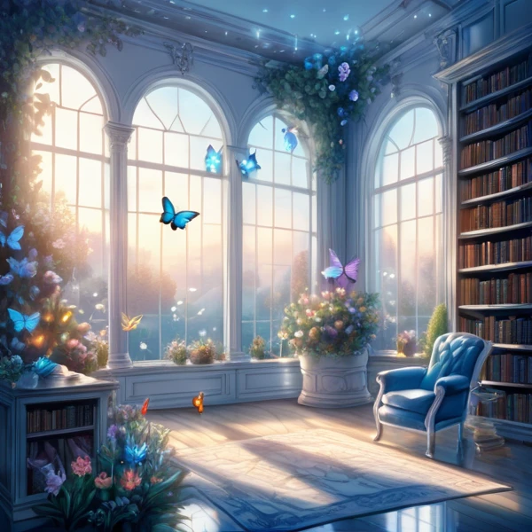 landscape。Fantasy、Lots of blue butterflies々、Glowing Butterfly、White wall、library、Large windows、A garden with beautiful flowers blooming、