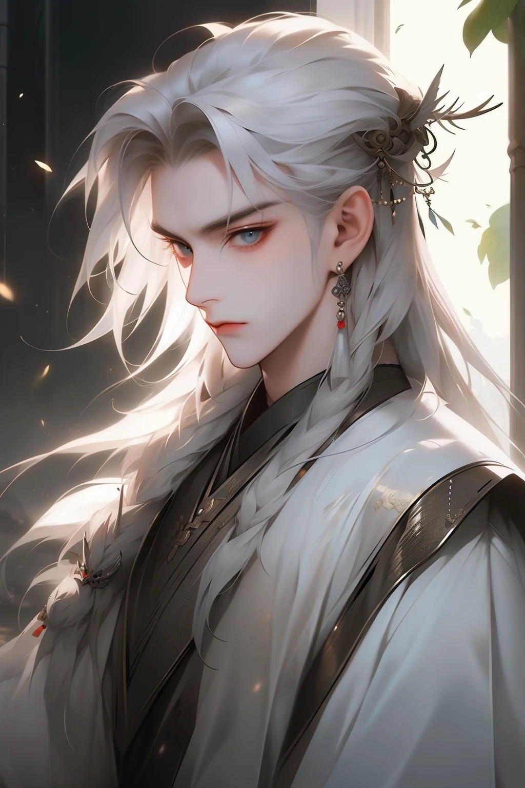 Realistically, Practical, photography, masterpiece, Best quality, Extremely detailed, Moderate, 1 Boy, Solitary, White hair, Chinese clothes, Silver hair,