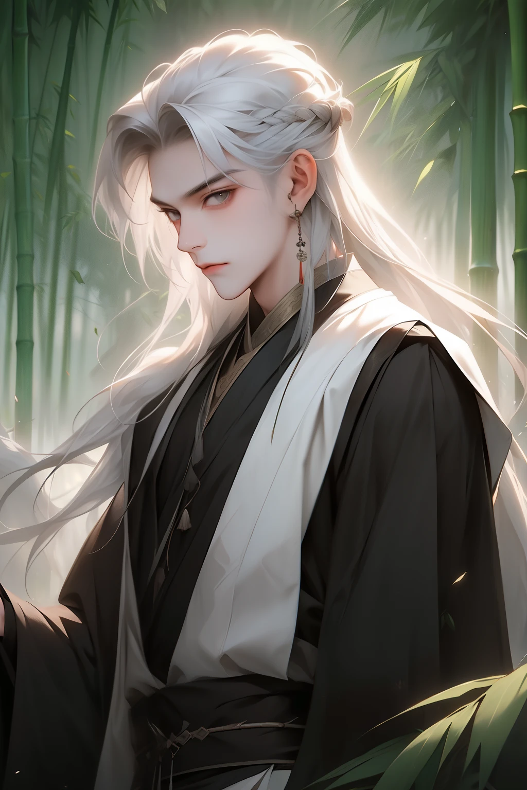 Realistically, Practical, photography, masterpiece, Best quality, Extremely detailed, Moderate, 1 Boy, Solitary, White hair, Chinese clothes, Silver hair,Bamboo forest in the background，whole body，Panoramic lens，Vision，A sword in his hand，Walking on the ground covered with bamboo leaves