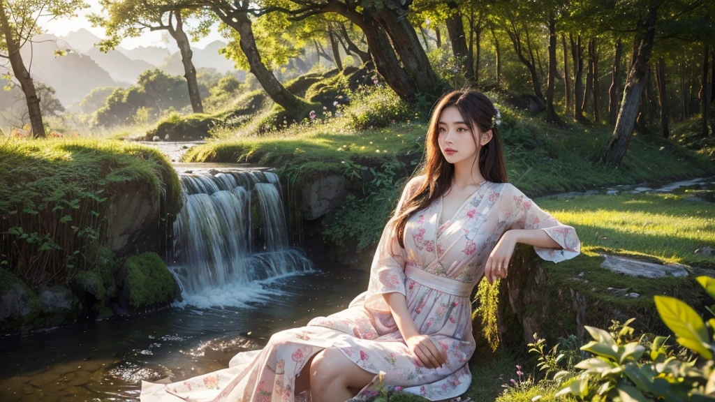 (best quality,4K,8ก,height,Masterpiece:1.2),Very detailed,(realistic,photorealistic,photo-realistic:1.37),High resolution portraits, beautiful asian girl, Standing in front of Tianzishan Peak, Zhangjiajie,((Fiona Pink Misty Floral Embroidered Cotton Dress Length above knee)),Green Mountain,Sunlight filtering through the trees,calm expression,flowing dark hair,The atmosphere is quiet.,Ethereal beauty,blend with nature,harmonious elements,Sensitive features,lush greenery,Golden Sunlight,elegant posture,Relaxed atmosphere,Quiet and elegant,The girl&#39;s eyes reflected the beauty of the mountains.,Magical and dreamlike,tranquility and harmony,Quiet and impersonal,Gentle and elegant,beauty of nature,mesmerizing scenery,Looks like a painting,Enticing beauty,Incredible natural wonders,peace and tranquility,Formidable and awe-inspiring, stylish corner, Pose in style, small round chest, Youthful body, perfect shape, Thin