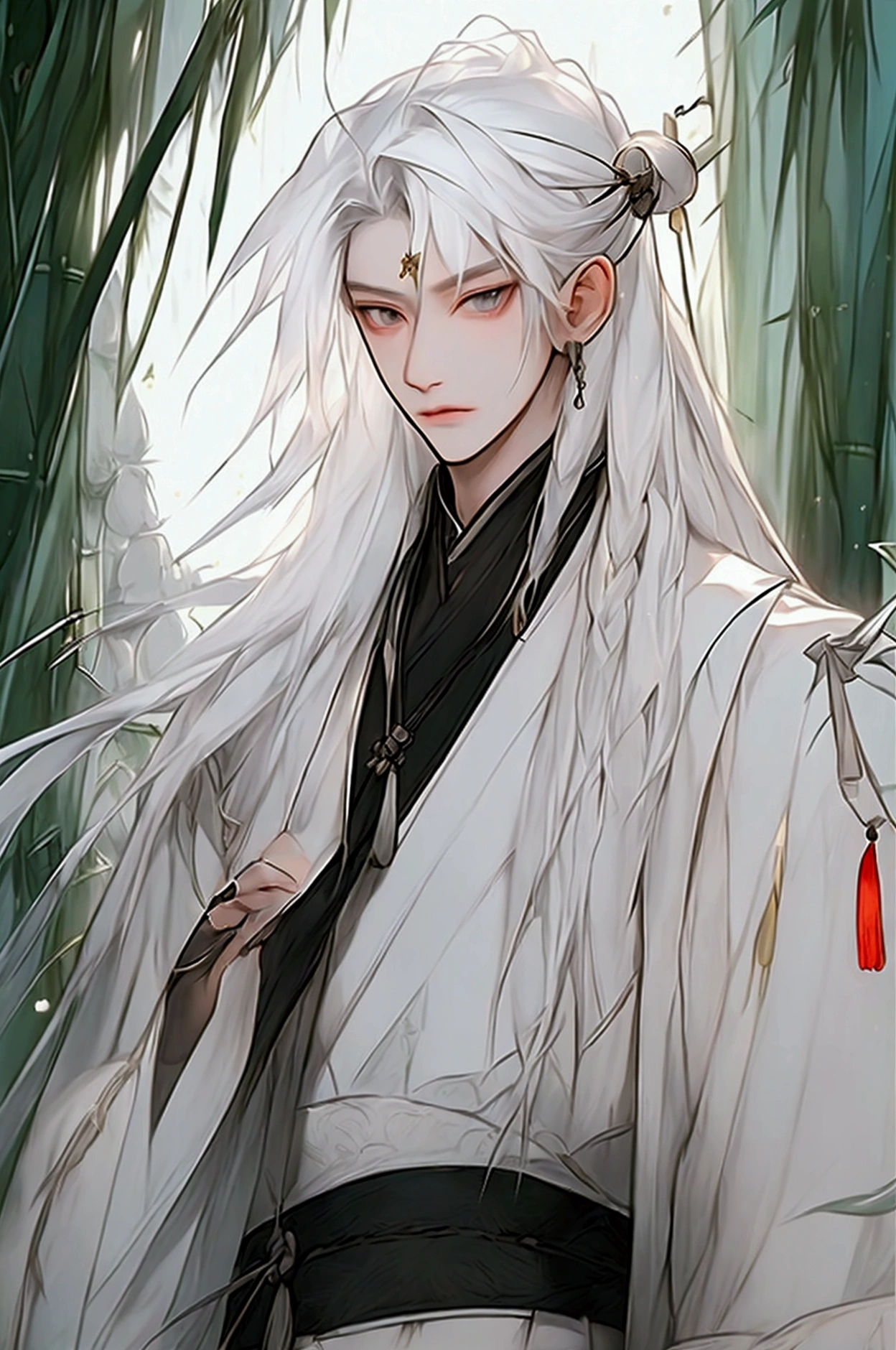 Realistically, Practical, photography, masterpiece, Best quality, Extremely detailed, Moderate, 1 Boy, Solitary, White hair, Chinese clothes, Silver hair,Bamboo forest in the background，whole body，Panoramic lens，Vision，A sword in his hand