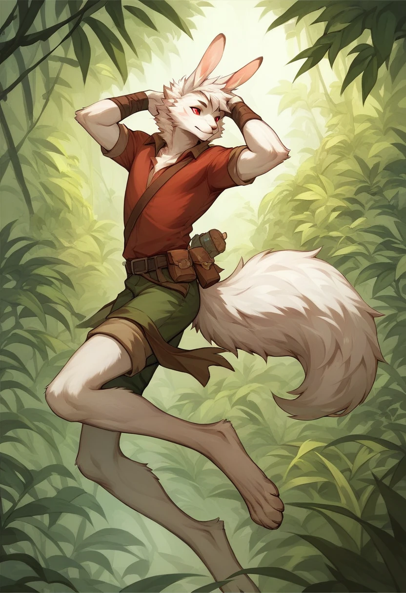 Male bunny, lean body, short body, long body, white fur, Long Curly white hair, whole body, pose, red eyes, long legs, fluffy tail, clothes of a jungle hunter