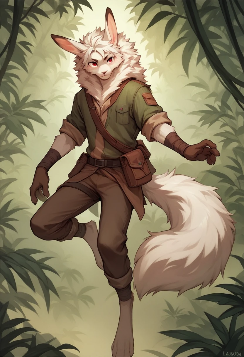 Male bunny, lean body, short body, long body, white fur, Long Curly white hair, whole body, pose, red eyes, long legs, fluffy tail, clothes of a jungle hunter