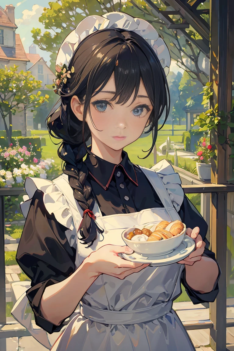 perfect eyes, soft light, high quality, 4k resolution, masterpiece, textured skin, high details, detailed face, detailed eyes, best quality, award winning, super detail, high quality, Pastry chef, confectionery maker, apron, black hair, braid, hairpin, Impressionism, Monet