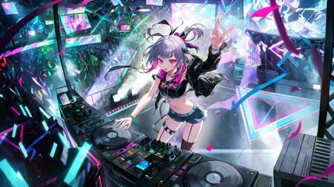 anime girl dj playing music on a turntable in a nightclub, best anime 4k konachan wallpapers, night core, anime style 4k, offici...