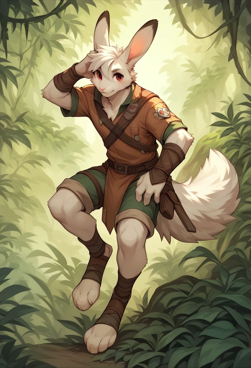 Male bunny, lean body, short body, long body, white fur, long white hair, whole body, pose, cute red eyes, long legs, fluffy tail, clothes of a jungle hunter