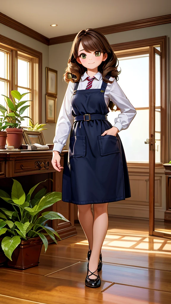 (highest quality,4K,8k,High resolution,masterpiece:1.2),Super detailed,(Realistic,photoRealistic,photo-Realistic:1.37),"A cute female hairdresser with light brown hair, styled in soft waves, wearing a striped shirt and a dark apron with pockets. The apron has a brown waist tie and pockets containing scissors and combs. She is standing in a modern, well-lit salon with mirrors, plants, and stylish chairs. The background includes a bright, inviting atmosphere with clean, polished floors and a professional setting."