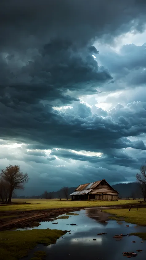 imagine an unexpected disaster event. a wide open area of land，there are dark clouds overhead. the wind is howling, the rain beg...