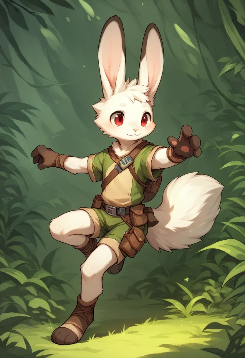 Male bunny, lean body, short body, long body, white fur, long white hair, whole body, pose, (((cute))) red eyes, long legs, fluffy tail, clothes of a jungle hunter