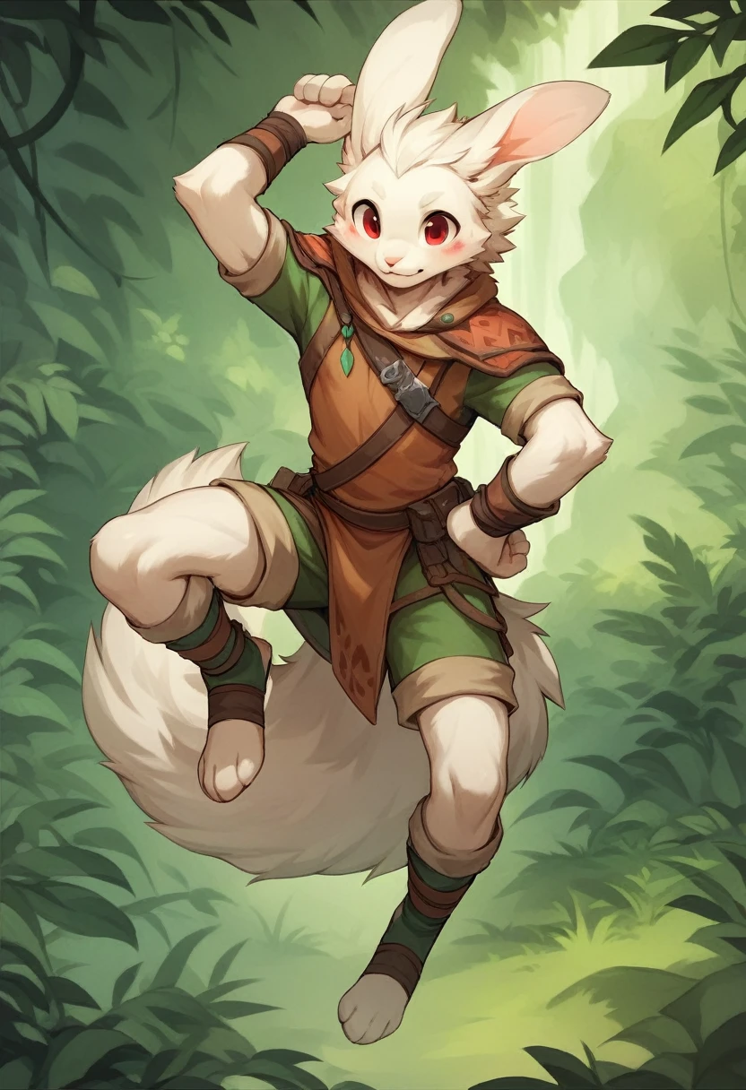 Male bunny, lean body, short body, long body, white fur, long white hair, whole body, pose, (((cute))) red eyes, long legs, fluffy tail, clothes of a jungle hunter