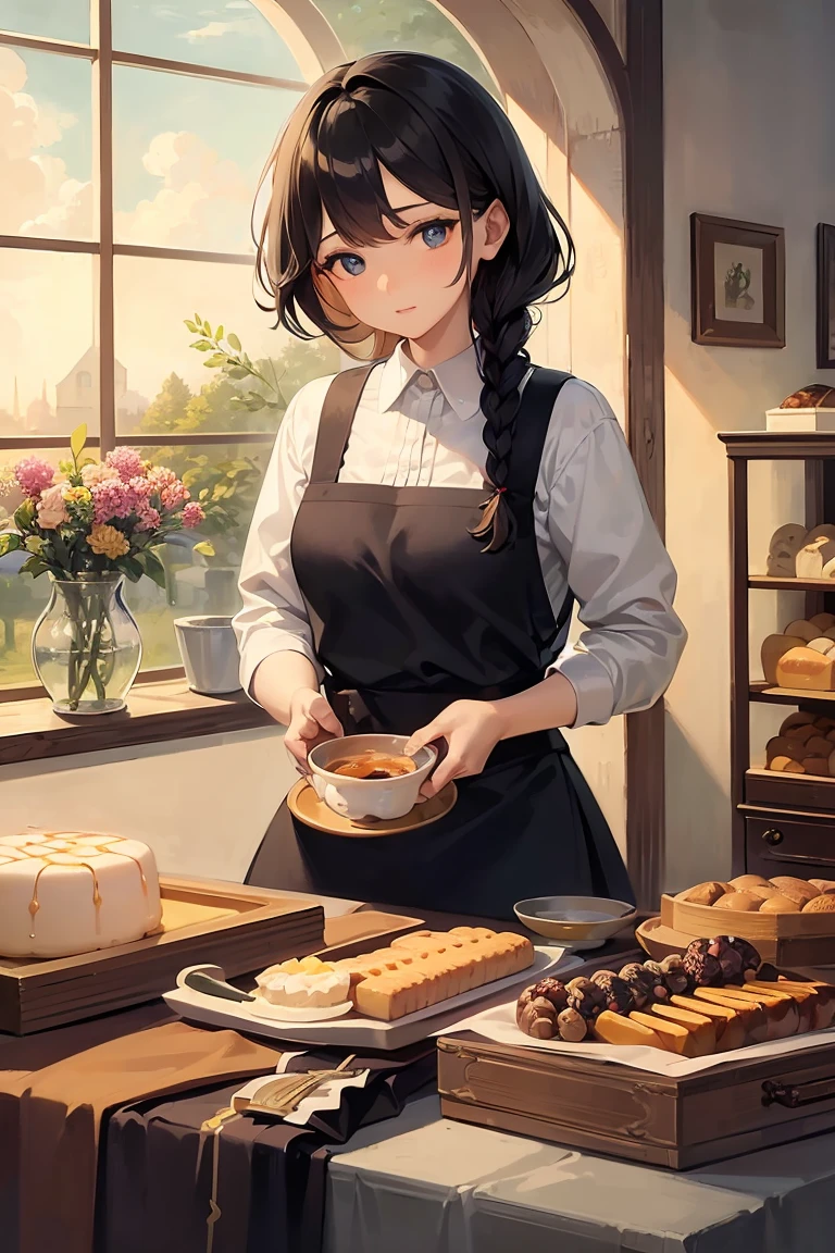 perfect eyes, soft light, high quality, 4k resolution, masterpiece, textured skin, high details, detailed face, detailed eyes, best quality, award winning, super detail, high quality, Pastry chef, confectionery maker, apron, black hair, braid, hairpin, Impressionism, Monet, Cake shop, decorating cakes in the kitchen