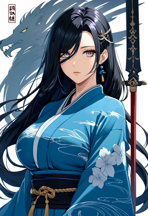 ｛one woman, 25 years old｝｛swordsman｝｛black hair、long hair｝｛cross bangs｝｛big breasts｝｛grey eyes、slanted eyes｝｛blue kimono｝｛expres...