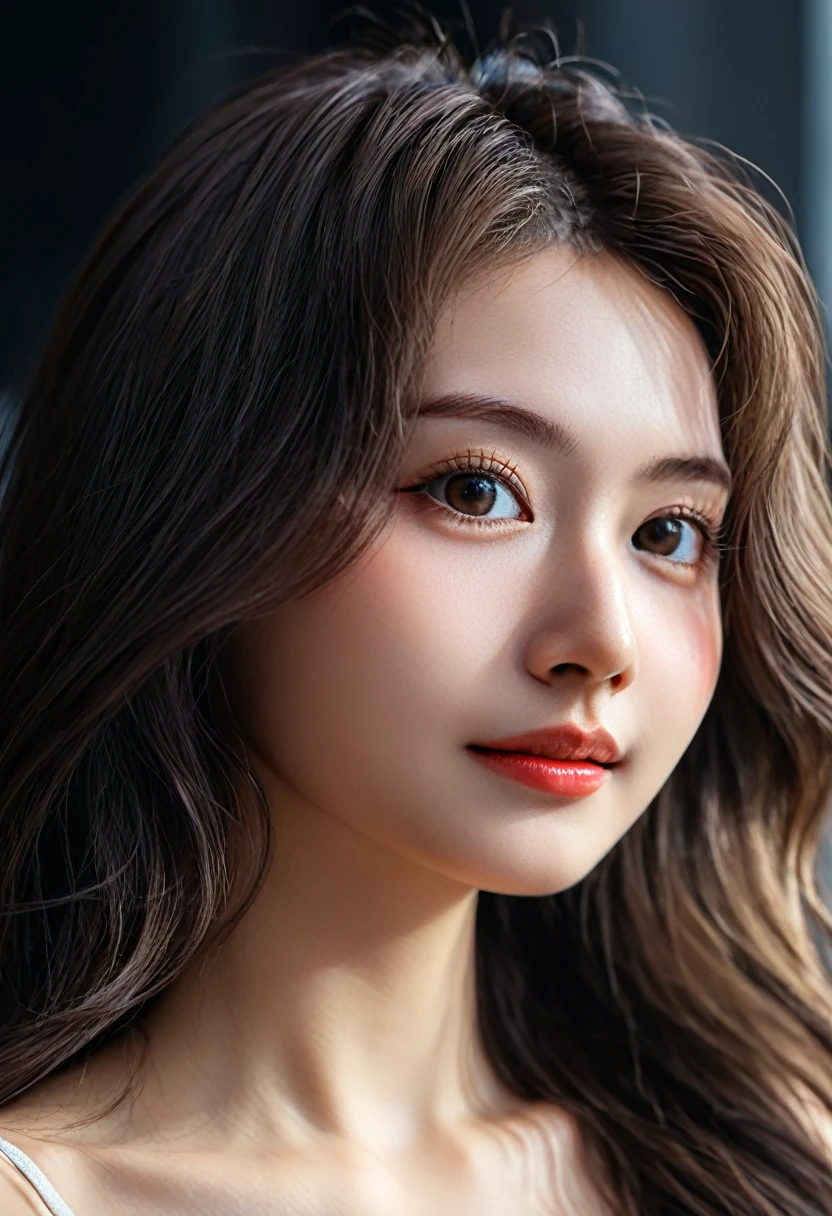 HIMESANA, highest quality, detailed background at home high contrast , picture shows face and body together::1.3), lowest lux, lighting face, she's comfortable, wearing tight dress, (8k, Raw photo, Highest quality),(epic realistic:1.5), a woman, (detailed eyes:0.8),(looking sideway:1.2), (Highest quality), (loft light),Intricate details,cinematic,((detailed rough skin:1.4)), long hair, messy ,(Hdr:1.5),Detailed, Superior quality, Masterpiece, Raw Photo, natural, perfect composition, smiling expression, Captivating eyes, Bright details, Tight lips, (High Skin Detail), Canon 5d, 50mm lens, f/4 apertures, (Ultra-detailed, Complex detail), sharp focus, soft colors, 8k, Absurd, 80mm, DLSR photography